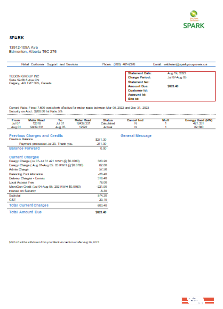 Spark Alberta utility business bill,  SCR PSD template
